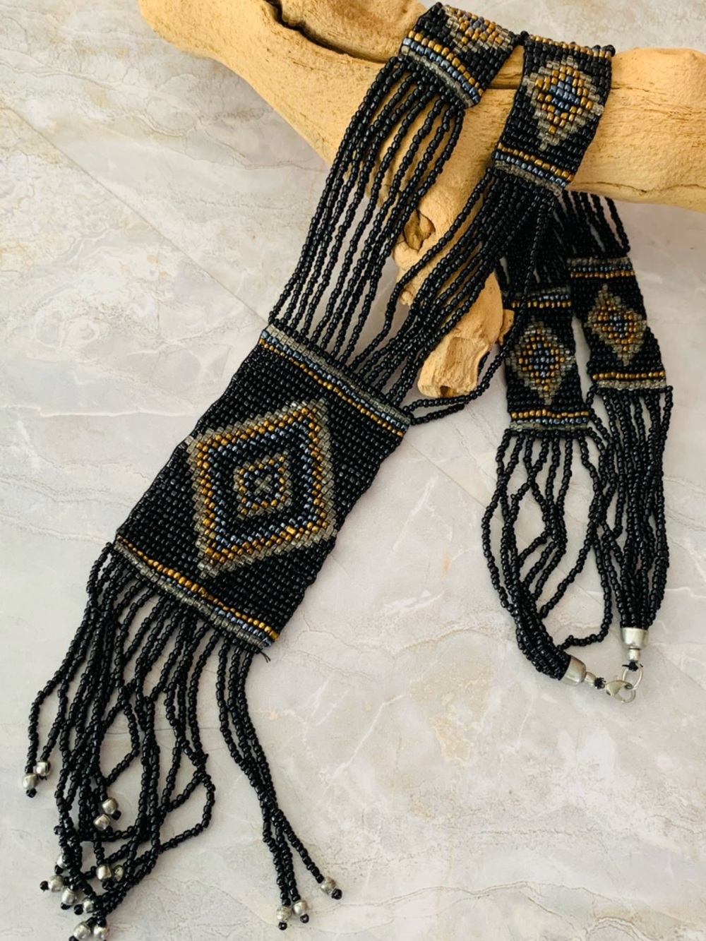 Black Seed Bead Fringed Ethnic Design Necklace